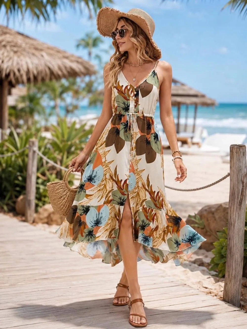 Beautiful BOLD Floral & Leaf Print Glowy Boho Bohemian Sun Dress Sundress Med - Picture 3 of 7
